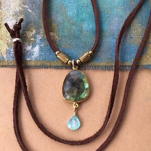 Natural Labradorite Aquamarine leather suede cord Sundance Charm Necklace SALE